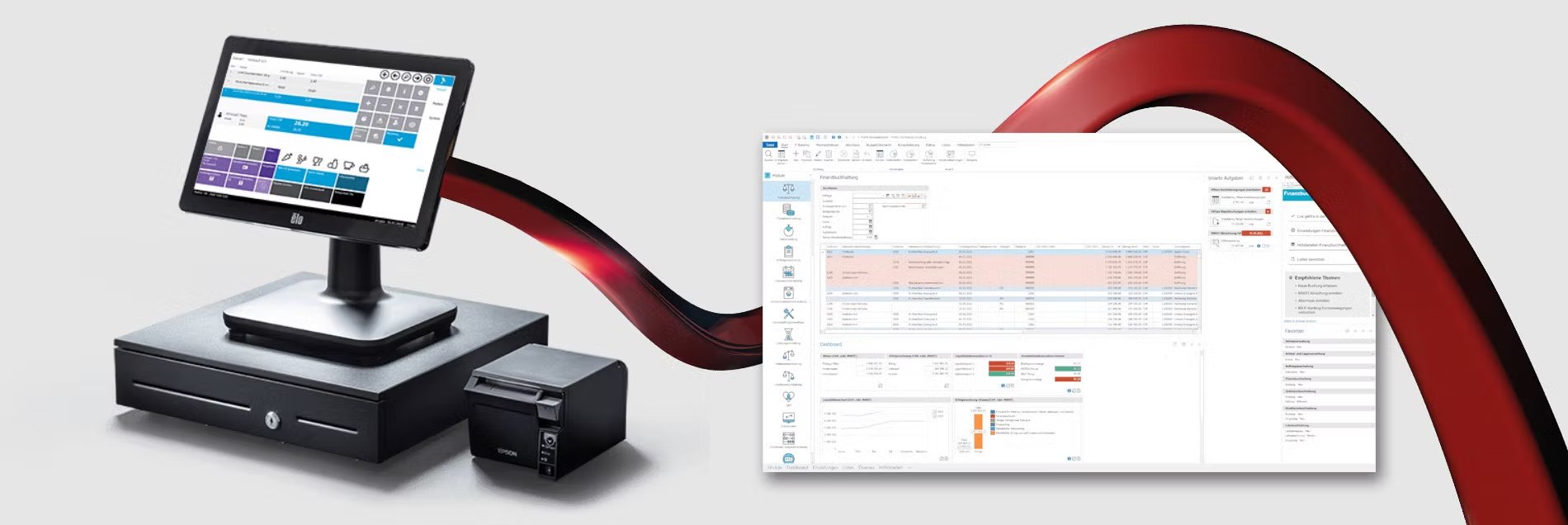Modernes POS-System im Einsatz: eine Touchscreen-Kasse im Ladengeschäft mit Bondrucker und Kartenterminal, durchzogen vom roten Allix-Flow - Sinnbild für ein Kassensystem für den Schweizer Einzelhandel, das Verkauf, Warenwirtschaft und Buchhaltung in Echtzeit mit dem Proffix ERP verbindet.