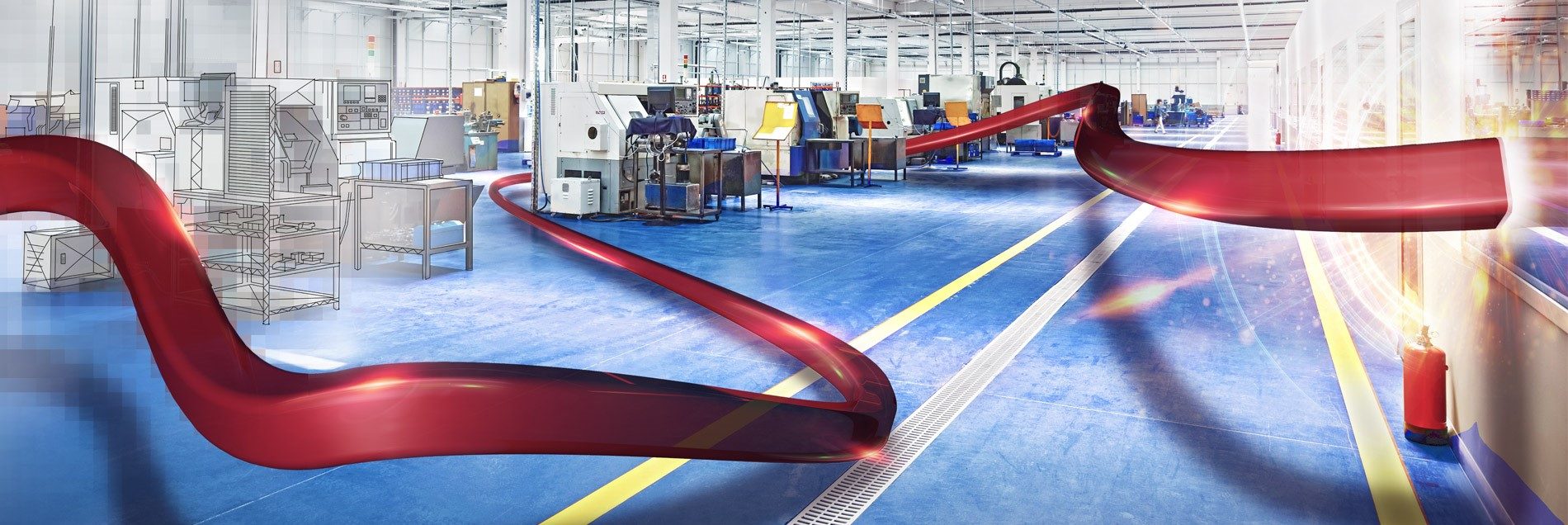 PPS-Software in der Fertigung: moderne Produktionshalle mit CNC-Maschinen, in der links der technische Konstruktionsplan in die reale Produktion übergeht, durchzogen vom roten Allix-Flow - Sinnbild für integrierte Produktionsplanung und -steuerung mit Evopro